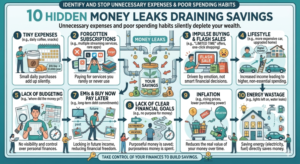 Hidden money leaks draining savings through unnecessary expenses and poor spending habits