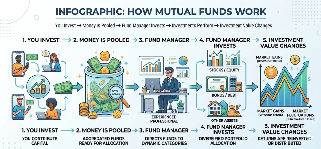 Infographic Illustrating How Mutual Funds Work | Mutual Funds for Beginners in India | Seal My Dream