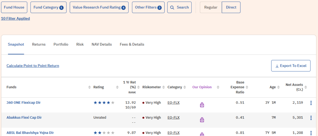 Value Research Mutual Fund Screener showing risk-adjusted performance metrics